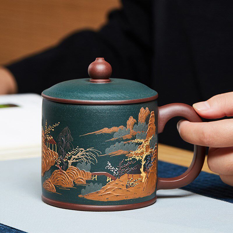 宜兴紫砂杯乡村山野办公盖杯男士大容量带把泡茶杯子茶缸陶瓷茶具