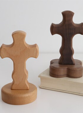 木质十字架摆件实木简约家居桌面摆台 榉木原木装饰木质工艺品