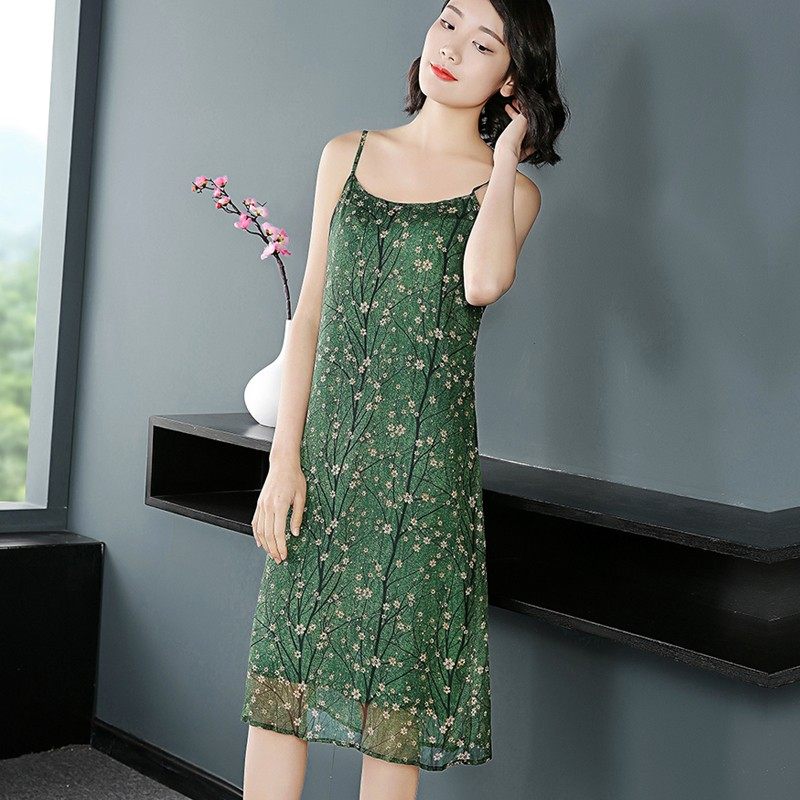 雪纺吊带背心女无袖中长款修身内搭打底裙外穿碎花连衣裙夏季大码