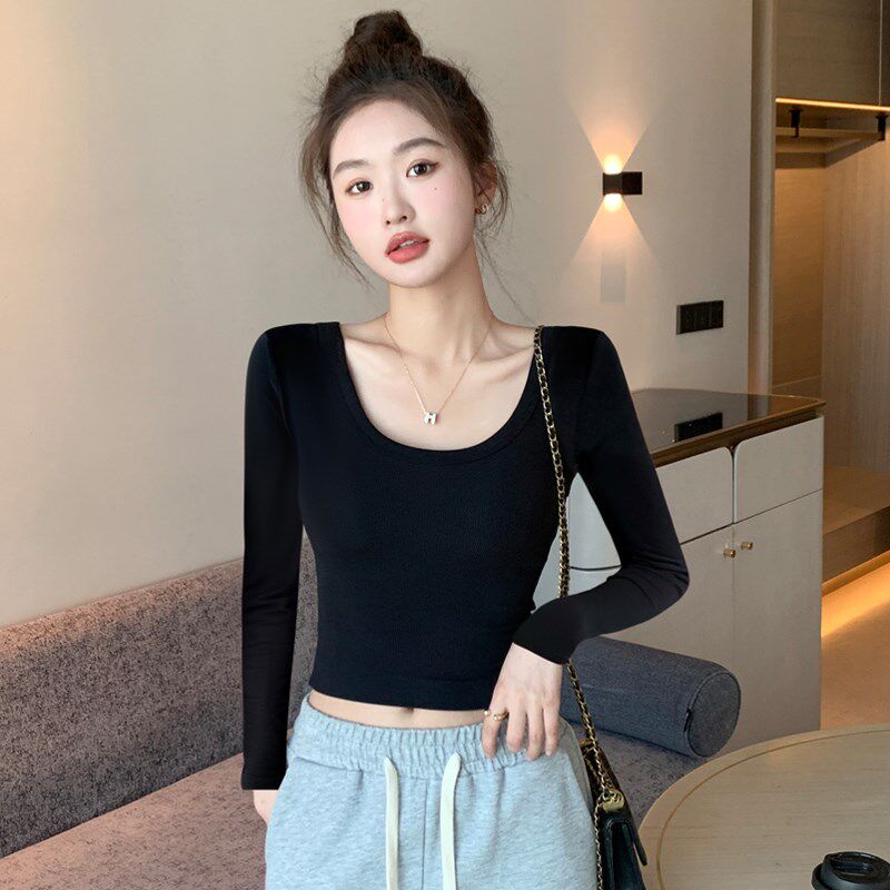 纯棉黑色U领双面绒打底衫女短款内搭秋冬修身加厚低领长袖t恤上衣