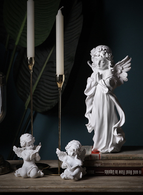 【曼塔】欧式复古白色天使装饰品雕塑石膏人物家居摆设雕像小摆件