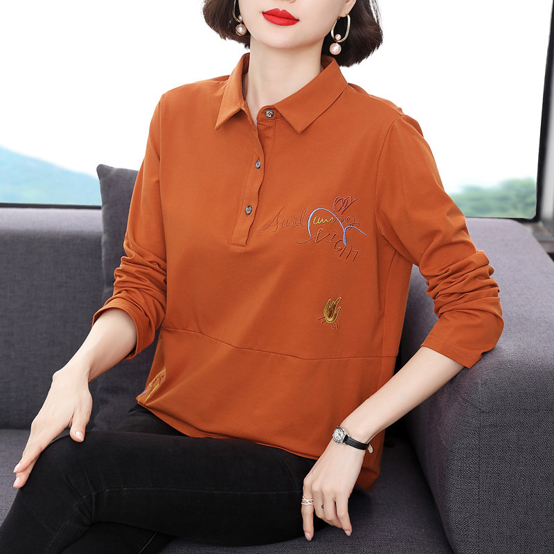 春装新款妈妈长袖T恤女中老年女装绣花洋气衬衫翻领纯棉上衣女潮