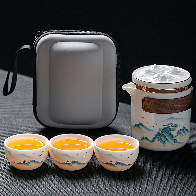 高端便携式旅行茶具套装羊脂玉快客杯一壶三杯陶瓷户外功夫泡茶壶