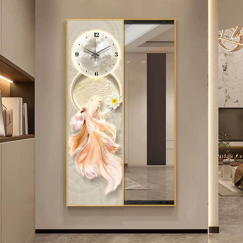 锦鲤时钟款隐藏式全身镜试衣镜玄关镜子装饰画客厅卧室新款挂墙画