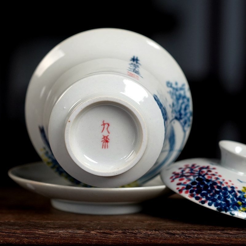 九希堂刘林荣手绘陶瓷茶碗 仿古茶具江南水乡三才盖碗家用泡茶器