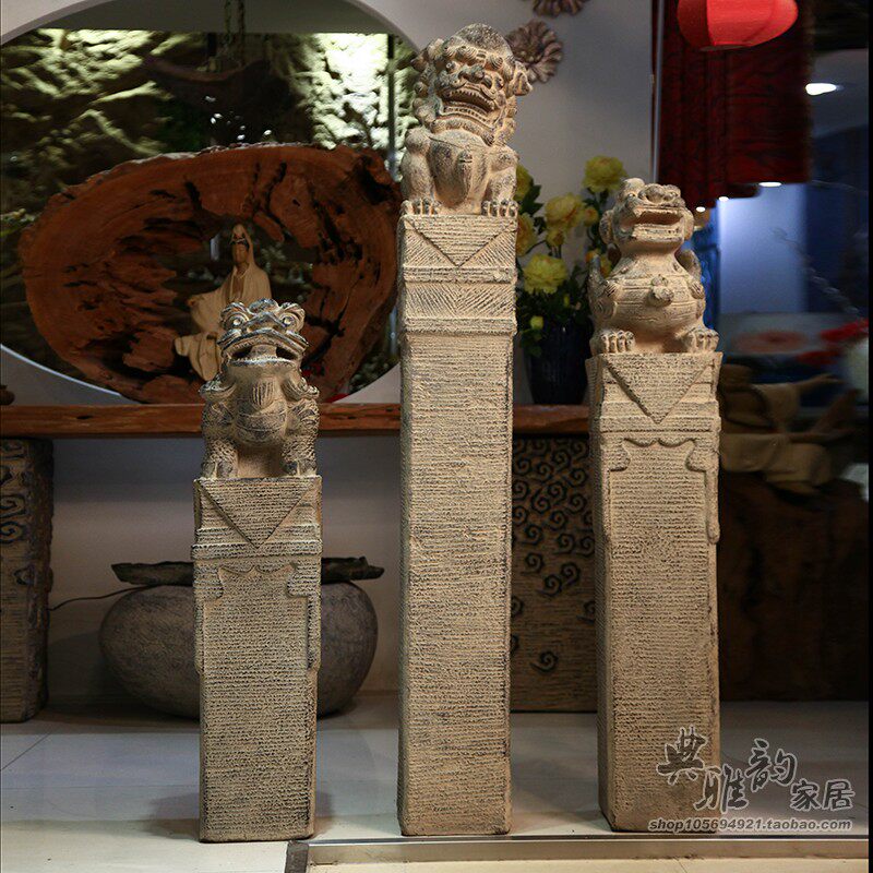 中国风中式仿古典门口摆件室外麒麟貔貅狮子拴马桩祥云展示装饰柱