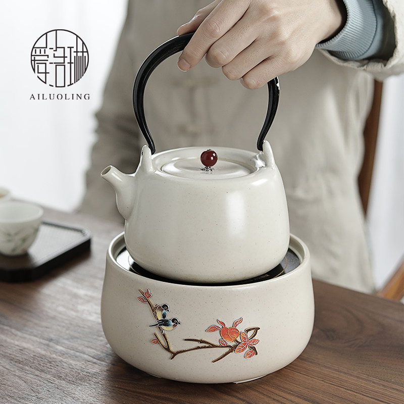 爱洛琳 草木灰白陶壶电陶炉套装 家用复古提梁煮水泡茶壶茶炉