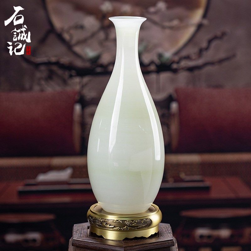 石诚记中式天然玉石花瓶摆件插花干花葫芦瓶青玉净瓶创意礼品摆设