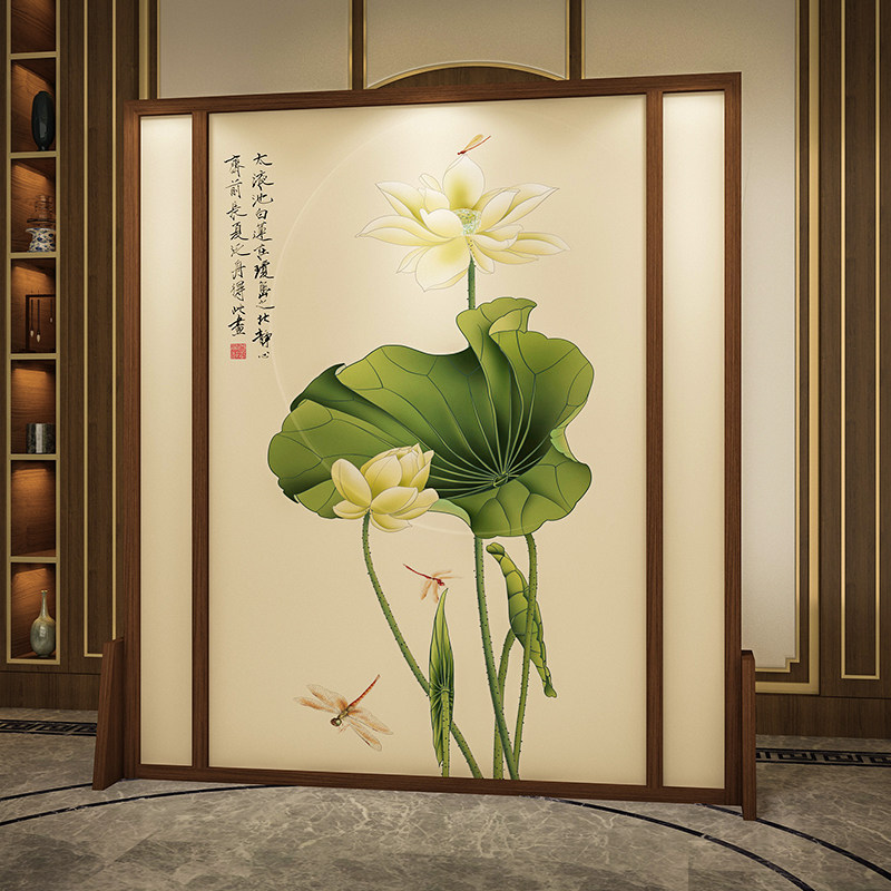 新中式实木座屏屏风入户客厅隔断玄关禅意装饰定制移动背景墙荷花