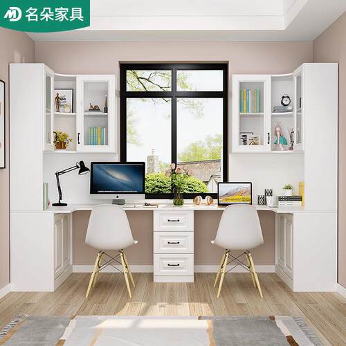 小户型飘窗书桌书柜一体转角家用收纳置物架组合双人写字台5FL11