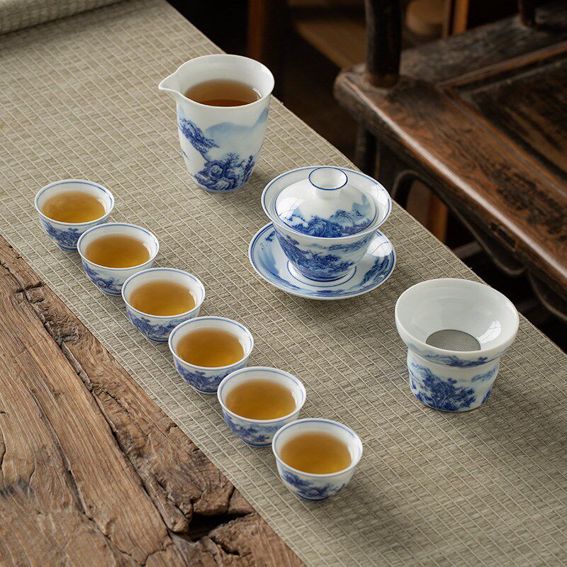 高端景德镇山水功夫茶具套装家用客厅陶瓷盖碗茶杯茶具办公室会客