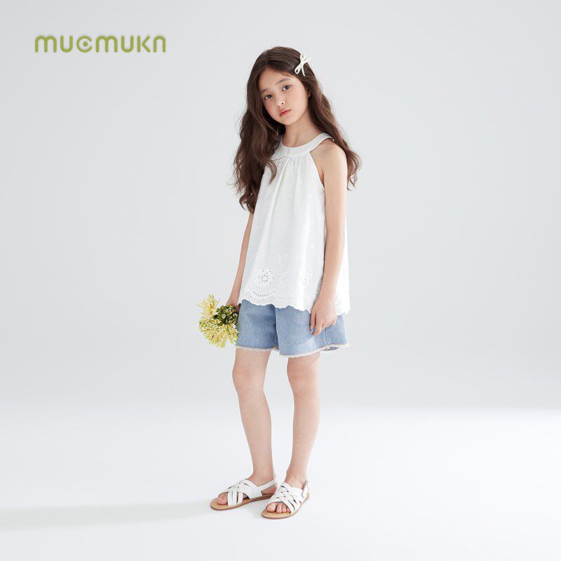 【盛夏白茉莉】夏季度假背心绣花高支棉女童森系绣花小衫吊带挂脖