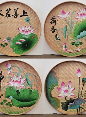 手绘竹编簸箕画餐馆农家乐墙面背景装饰画田园美丽乡村花鸟壁挂画