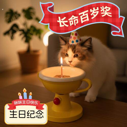 宠物奖杯碗猫碗水碗可升降可调节角度贴地狗碗带洗碗布易洗陶瓷碗