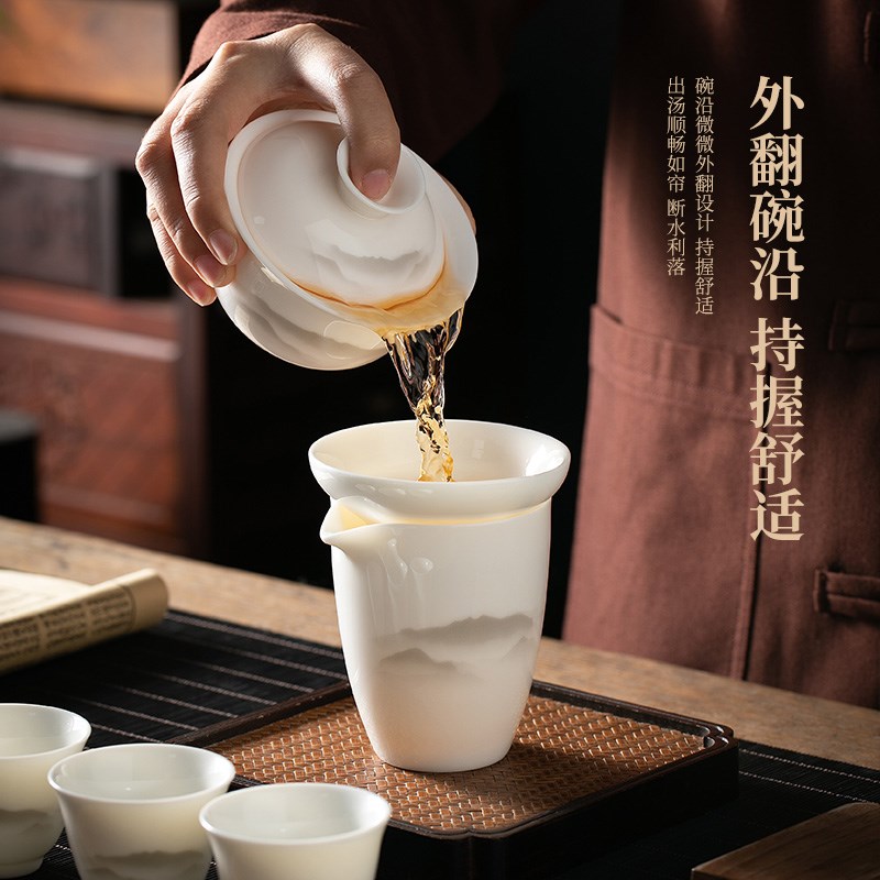 羊脂玉瓷水墨山水茶具套装家用白瓷盖碗茶杯冰种三才泡茶碗礼盒装