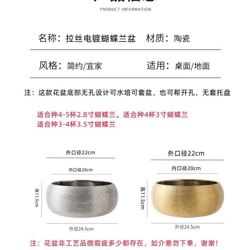 陶瓷花盆金色拉丝磨砂3杯蝴蝶兰专用无孔可水培容器微景观多肉盆
