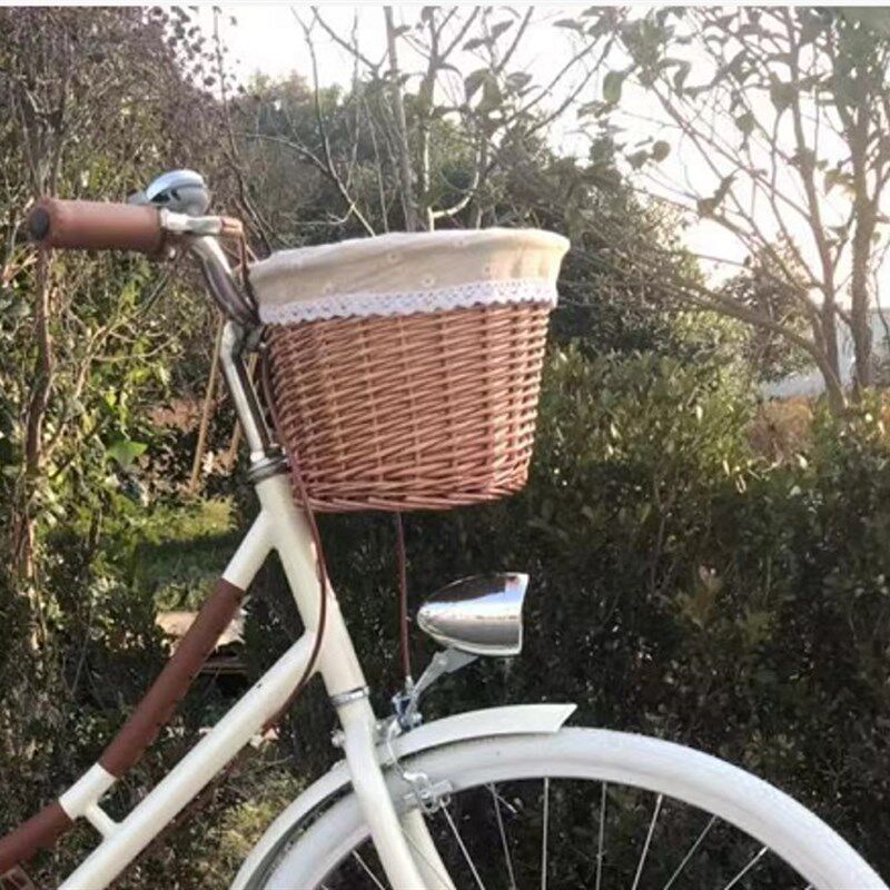 自行车车筐女孩储物筐复古柳编织车篓折叠车淑女单车前挂车篮子