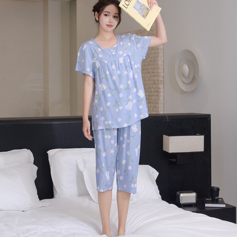 夏季棉绸睡衣女士薄款绵绸短袖七分裤加大加肥套装人造棉家居服