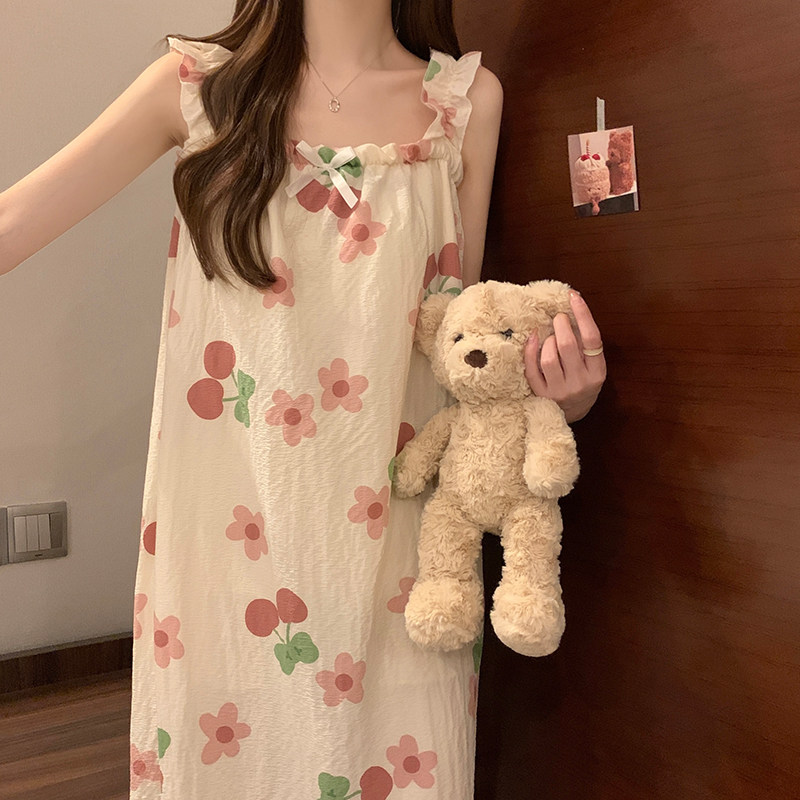 夏日带胸垫睡裙女薄款网红风吊带背心睡衣小个子夏季梭织棉家居服图片