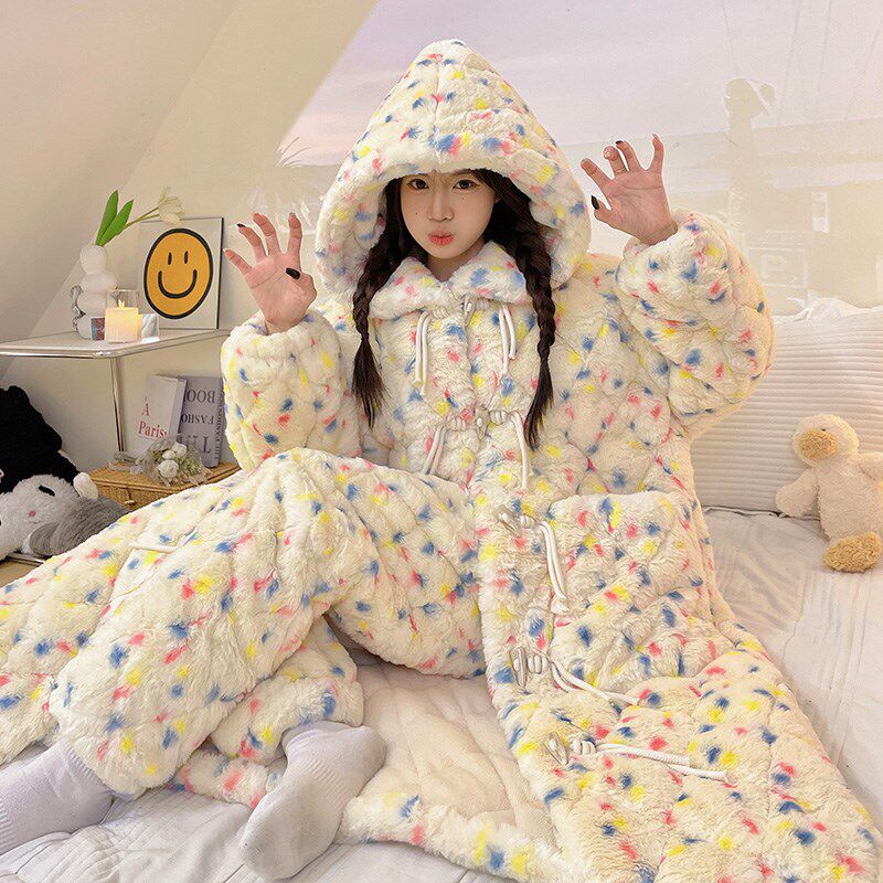 珊瑚绒睡袍女冬季加厚加绒睡衣三层夹棉袄2024新款浴袍家居服套装