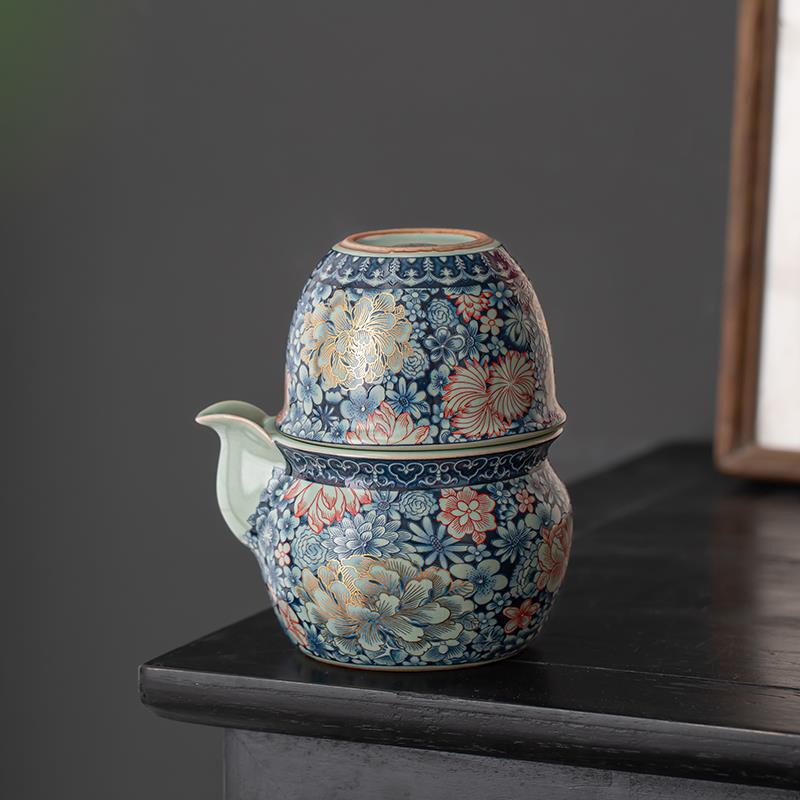 汝窑万花旅行茶具套组可携式陶瓷快客杯一壶两杯收纳包滤茶器泡茶