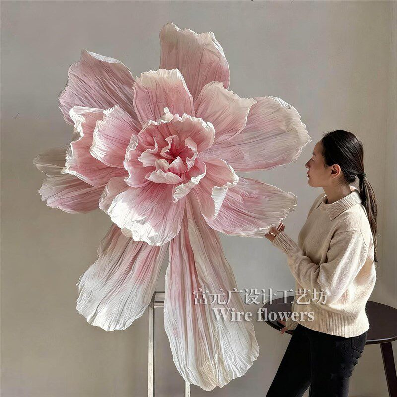 巨型褶皱花立体纸花大型粉色花手工婚庆白色婚礼道具装饰橱窗场景