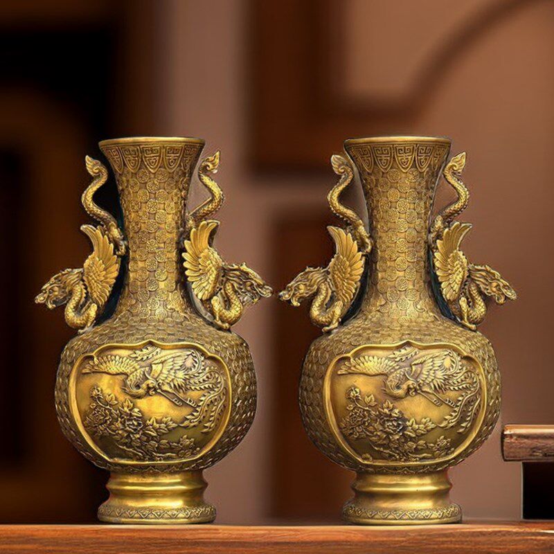 纯铜龙凤仙鹤花瓶一对黄铜干花瓶工艺品家居办公室吧台装饰摆件
