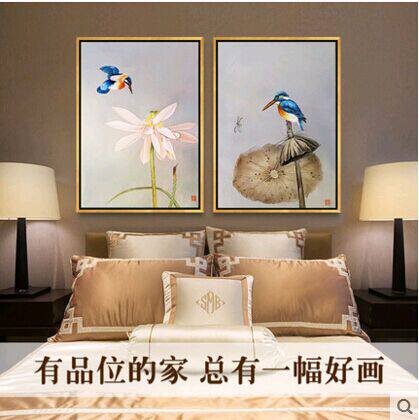 新中式纯手绘油画荷花工笔画花鸟装饰画玄关餐厅客厅走廊三联挂画
