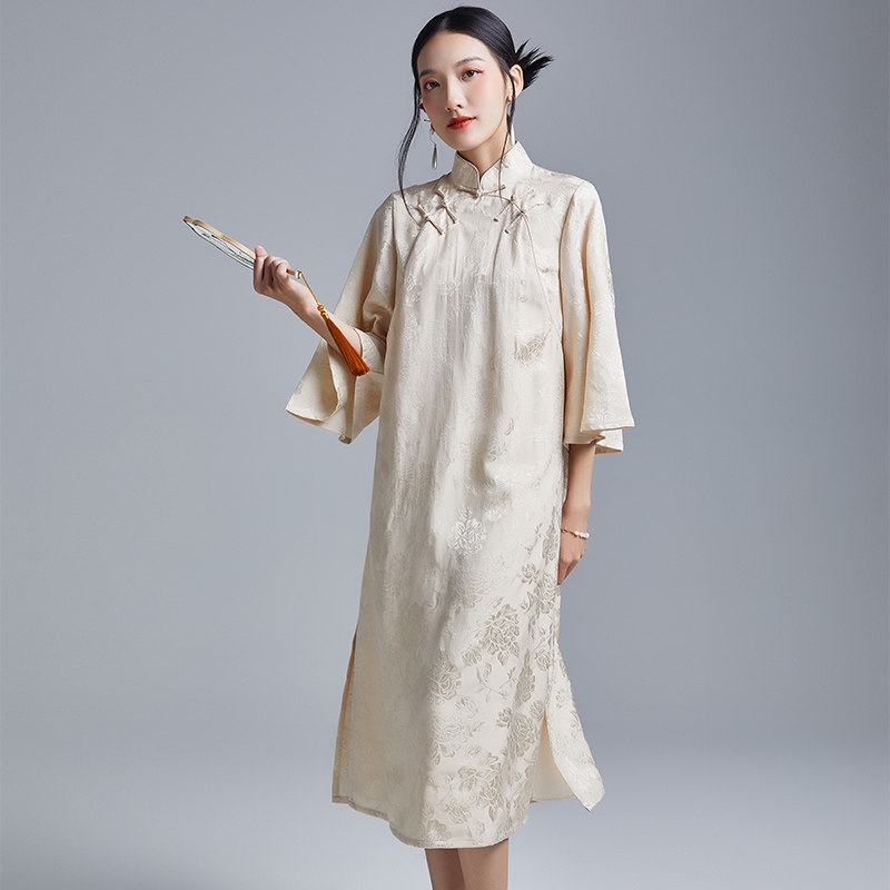 2021夏季新款复古名媛气质提花盘扣改良旗袍婚宴礼服敬酒服连衣裙
