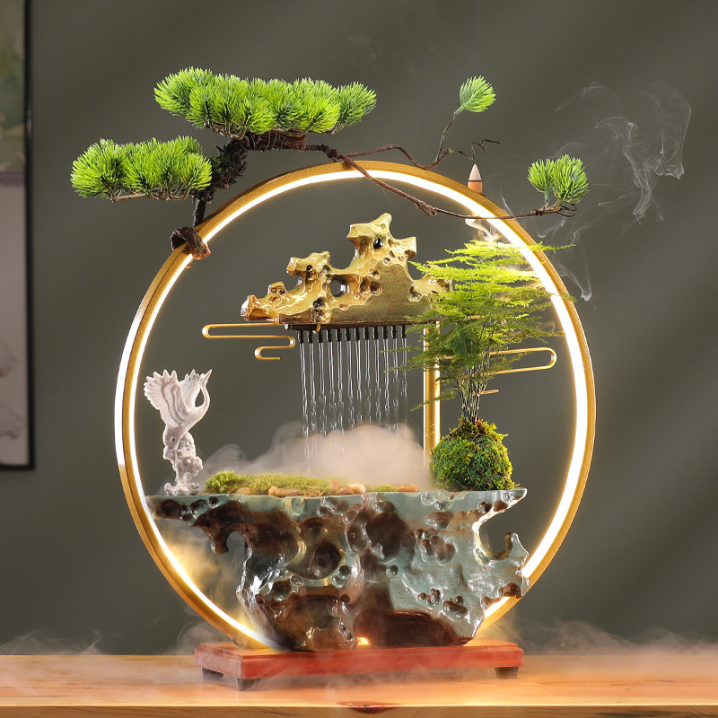 新中式流水生财摆件客厅创意桌面招财水循环水景灯圈装饰加湿喷泉