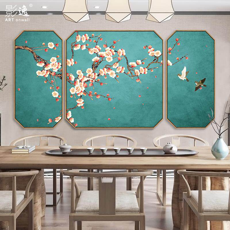 花鸟画客厅墙上挂画新中式沙发背景墙装饰画饭厅壁画三联画中国风