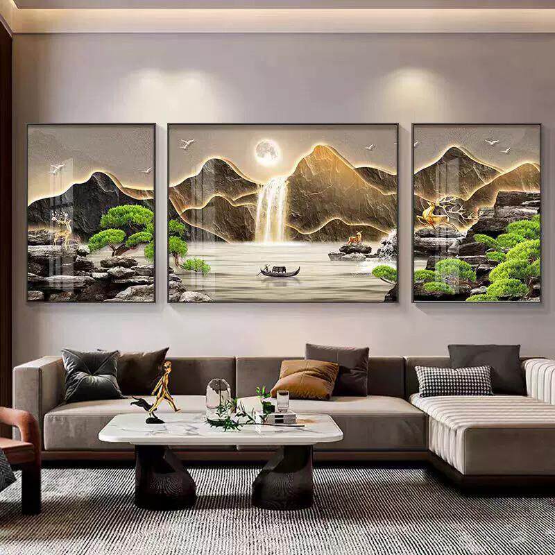 高档大气三联画新中式客厅装饰画生财靠山迎客松山水画沙发墙壁画