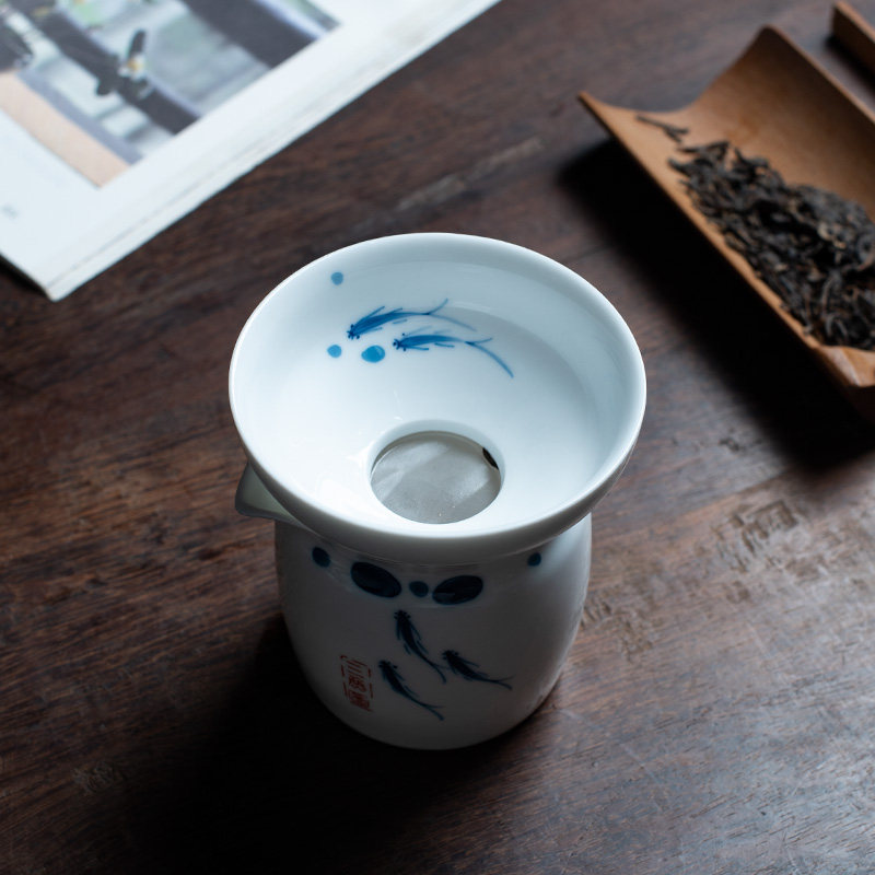 手绘滤茶器功夫茶具茶漏白瓷釉下彩小鱼白网布滤网带底座茶道零配