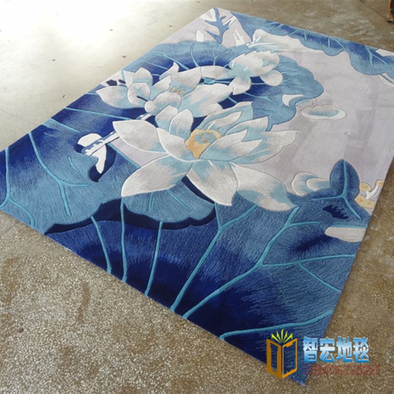 中国风新西兰进口羊毛蓝色荷花花朵客厅茶几地毯书房寺庙佛堂大厅