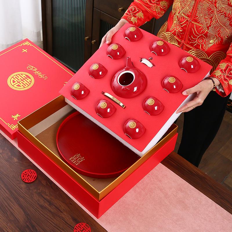 中式敬茶杯组婚礼改口茶具订婚红色新娘陪嫁瓷坊喜事茶壶套装