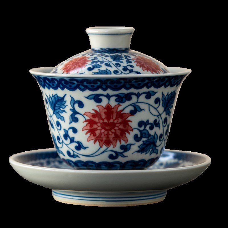 仿古釉中彩青花釉里红盖碗茶杯单个高端陶瓷三才泡茶具碗茶杯套装