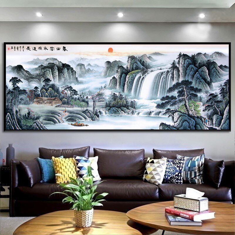 新款大件富水长流客厅十字绣棉线现代山水风景靠山画全线绣简单绣