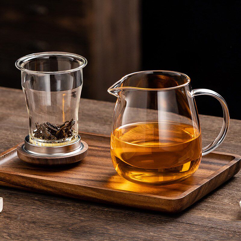玻璃泡茶杯茶水分离胡桃木过滤茶杯玻璃杯功夫茶具家用花茶冲茶器