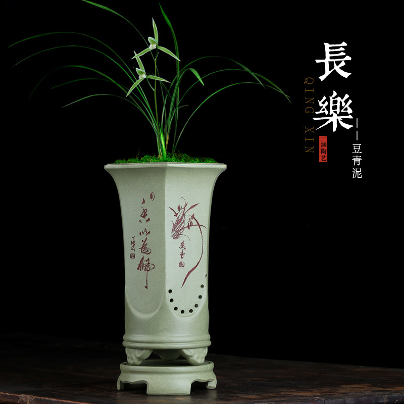 宜兴紫砂兰花盆精品高档手工六方紫砂兰花专用盆春兰室内古典带托