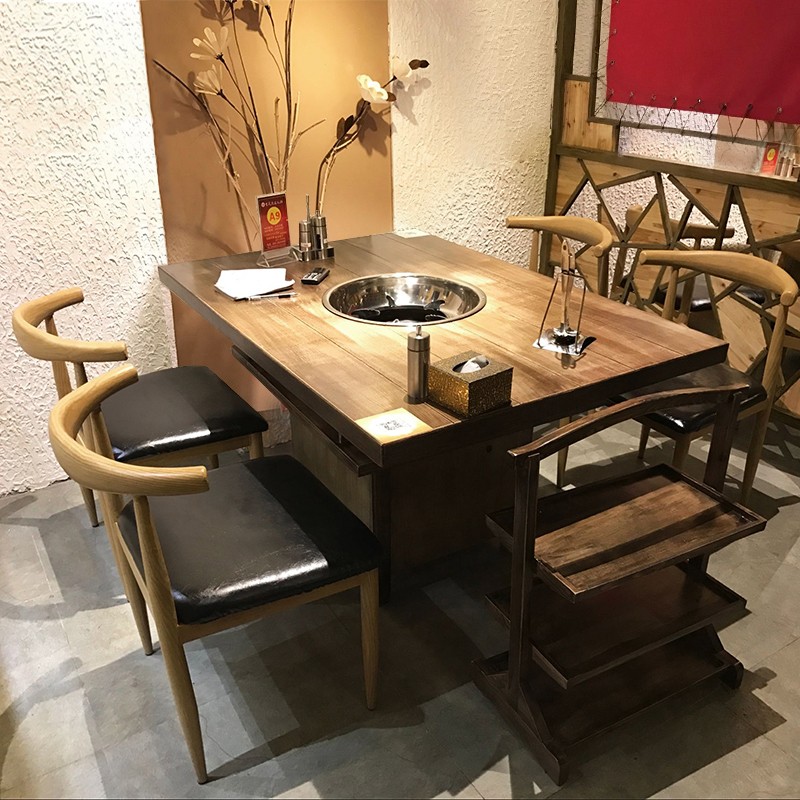 火锅店大理石岩板火锅桌子电磁炉一体商用实木烤肉涮一体餐桌椅