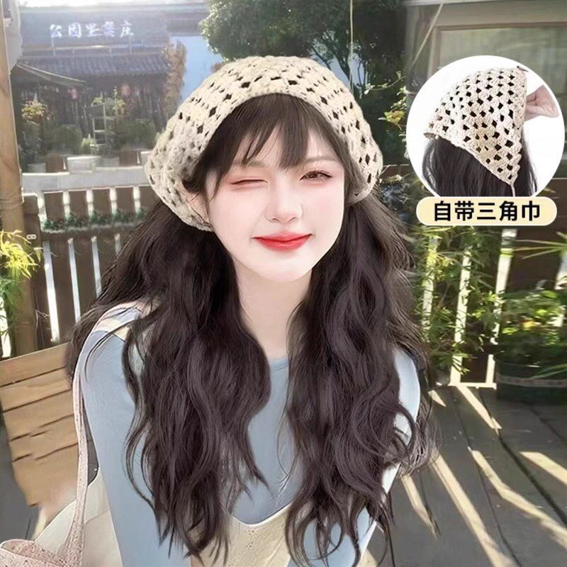 三角头巾假发一体女生夏天发箍款全头套式时尚仿全真长卷发高颅顶