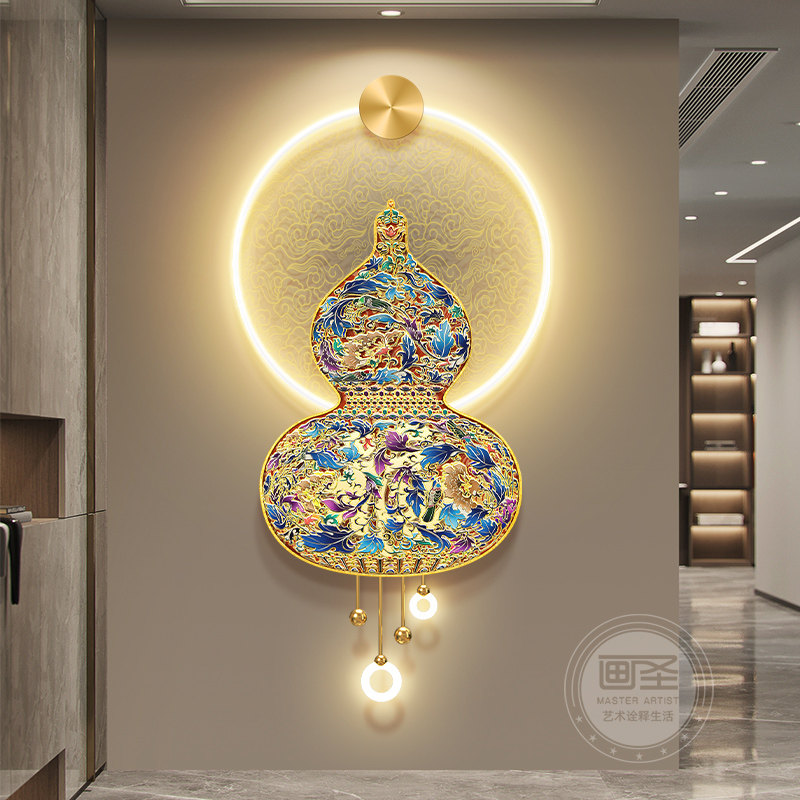 珐琅彩入户玄关装饰画百福图走廊尽头挂画葫芦带灯光立体吊坠壁画