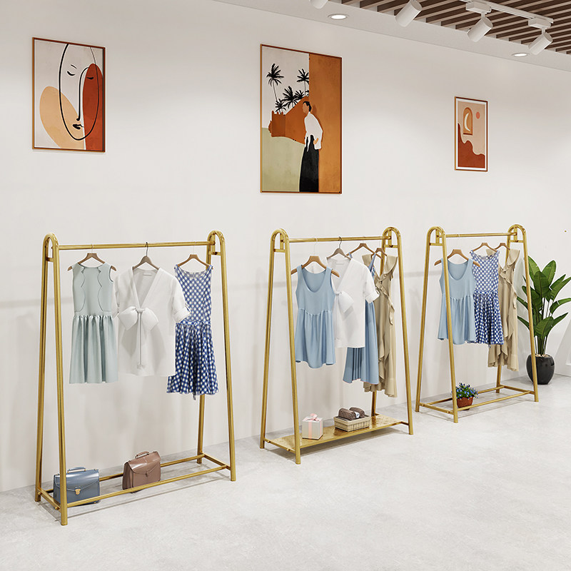 服装店展示架子铁艺金色落地式单杠童装挂衣货架男女装专用陈列架