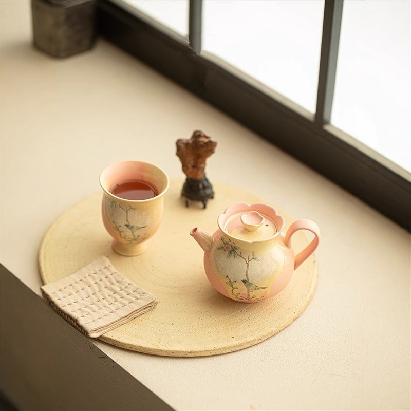 高颜值轻奢窑变结晶釉桃红花鸟莲语壶陶瓷泡茶壶女士功夫茶具套装