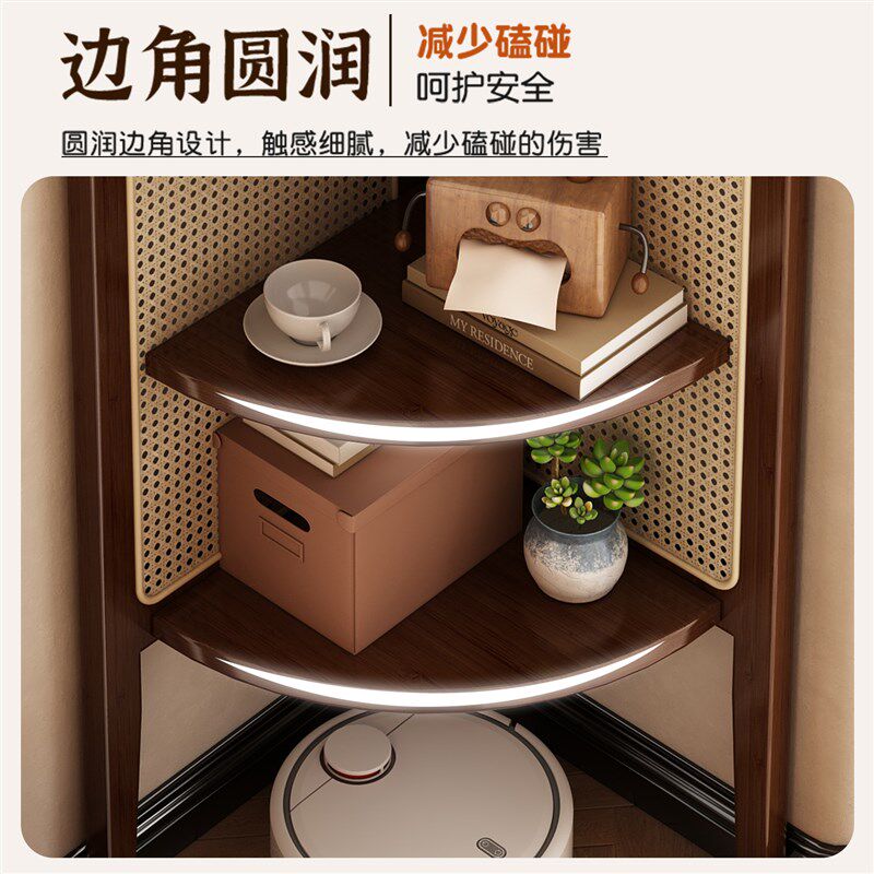 藤编转角置物架墙角拐角收纳柜中古客厅落地三角储物柜墙边展示柜
