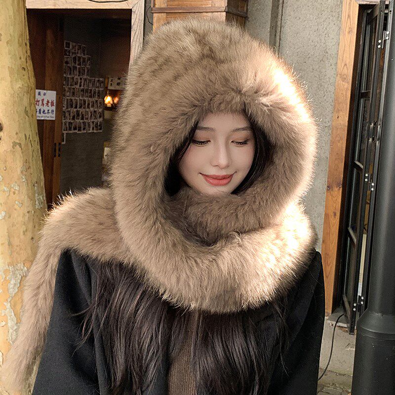 狐狸毛帽子围巾一体风雪帽女秋冬保暖高级感双面加厚毛绒护耳帽子