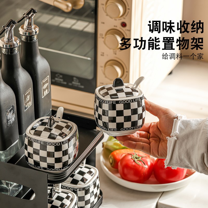 棋盘格轻奢盐罐调料盒家用陶瓷调味罐套装厨房调料品收纳盒高颜值