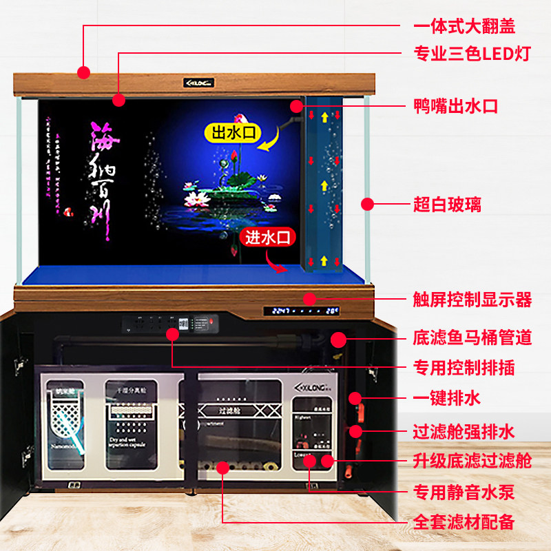 新中式大型超白鱼缸客厅家用水族箱下过滤底滤懒人免换水屏风隔断
