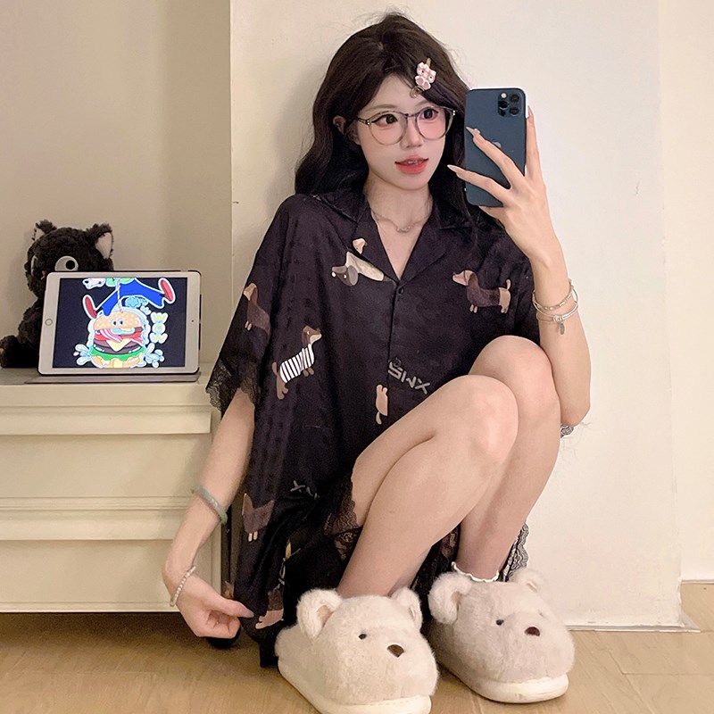 2025新款冰丝睡衣女士夏季短袖丝绸黑色蕾丝高级感家居服套装夏天
