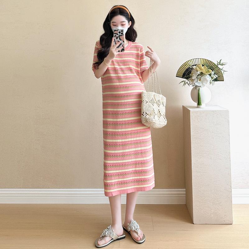 孕妇连衣裙夏季孕妈妈穿搭松慵懒风弛感冰丝条纹针织裙夏天小个子
